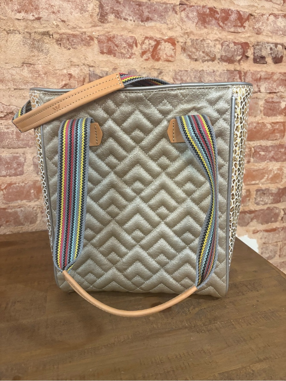 NWOT Consuela Gold Quilted Tote w/ Rainbow Webbing Straps & Pink Glitter Inside
